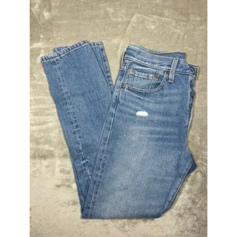 Levi's 501 Button Fly Straight Jeans Women Size 27x30 Denim Distressed Skinny